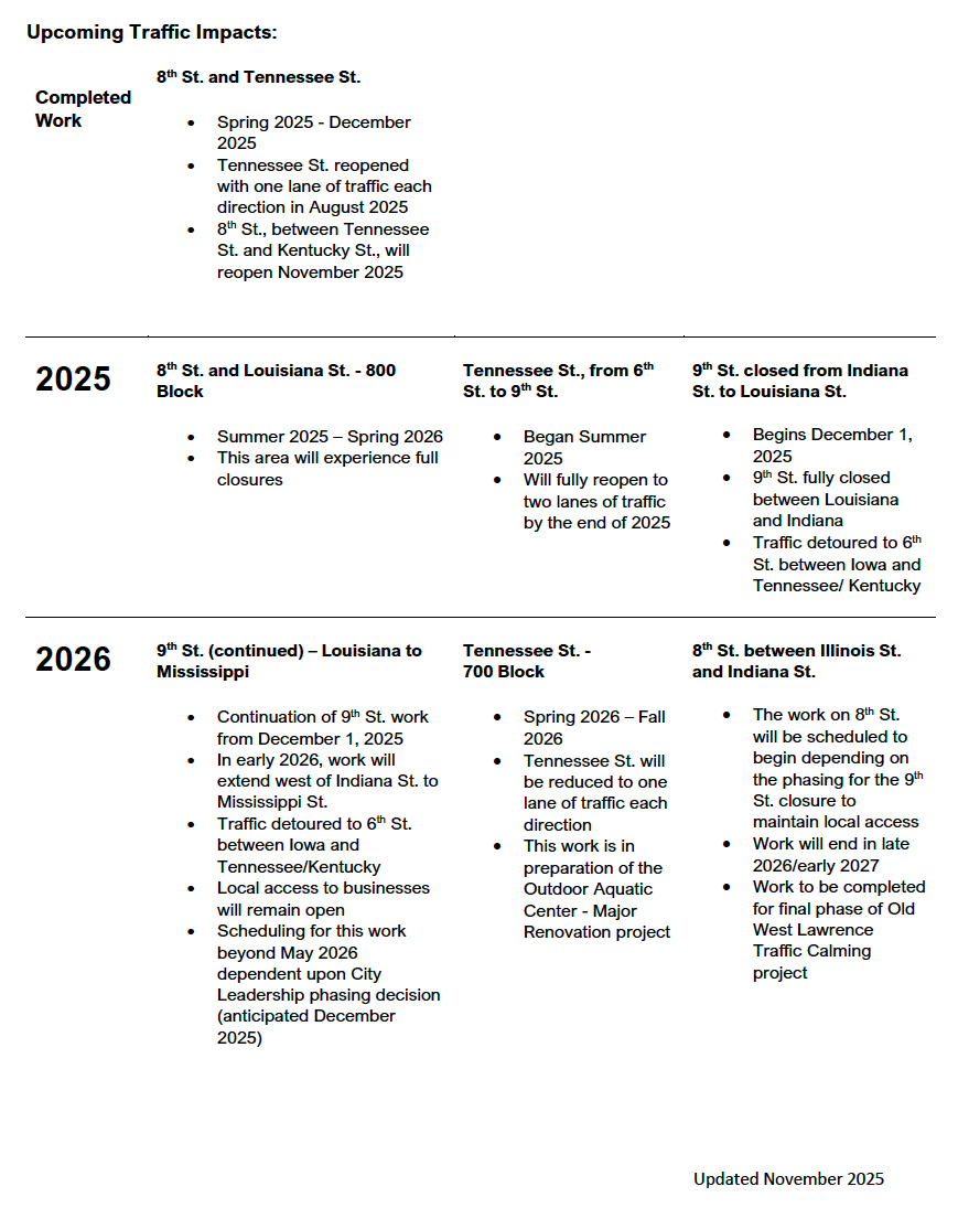 An image showing the anticipated phasing and traffic impacts for the Jayhawk Watershed project. In addition to completed work, it shows rows for work in 2025 and 2026. 